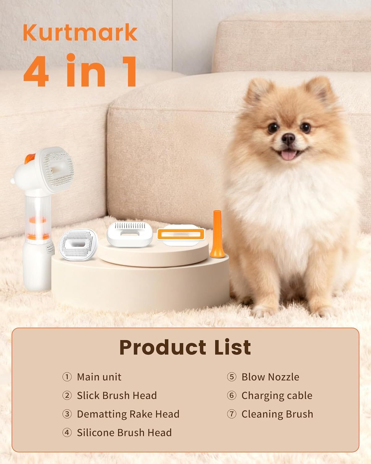 White Rechargeable Pet Grooming Vacuum Brush and Hair Deshedding Comb with 140° Curved Pin Comb & Removable Collection Chamber, 4-in-1 Self-Cleaning Slicker Brush, Detangling Rake, Silicone Cleaning Brush & Blow Nozzle for Cats and Dogs - view 6