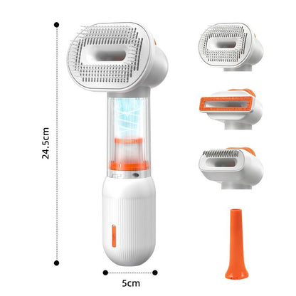 White Rechargeable Pet Grooming Vacuum Brush and Hair Deshedding Comb with 140° Curved Pin Comb & Removable Collection Chamber, 4-in-1 Self-Cleaning Slicker Brush, Detangling Rake, Silicone Cleaning Brush & Blow Nozzle for Cats and Dogs - view 7