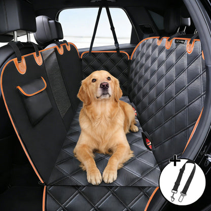Waterproof Dog Car Rear Seat Protector 135 x 148CM - Durable Oxford Non Slip Pet Hammock with Storage Pockets, Zipper Mesh Window and 6 Fixed Buckles, Seat Belt Access Opening and Pet Leash