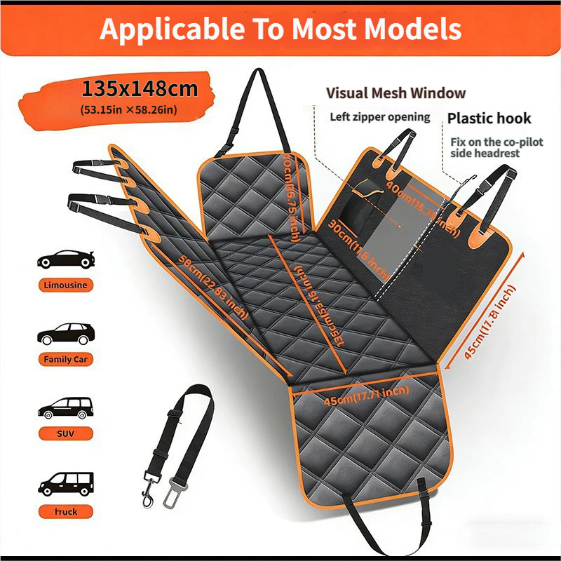 Waterproof Dog Car Rear Seat Protector 135 x 148CM - Durable Oxford Non Slip Pet Hammock with Storage Pockets, Zipper Mesh Window and 6 Fixed Buckles, Seat Belt Access Opening and Pet Leash - view 2