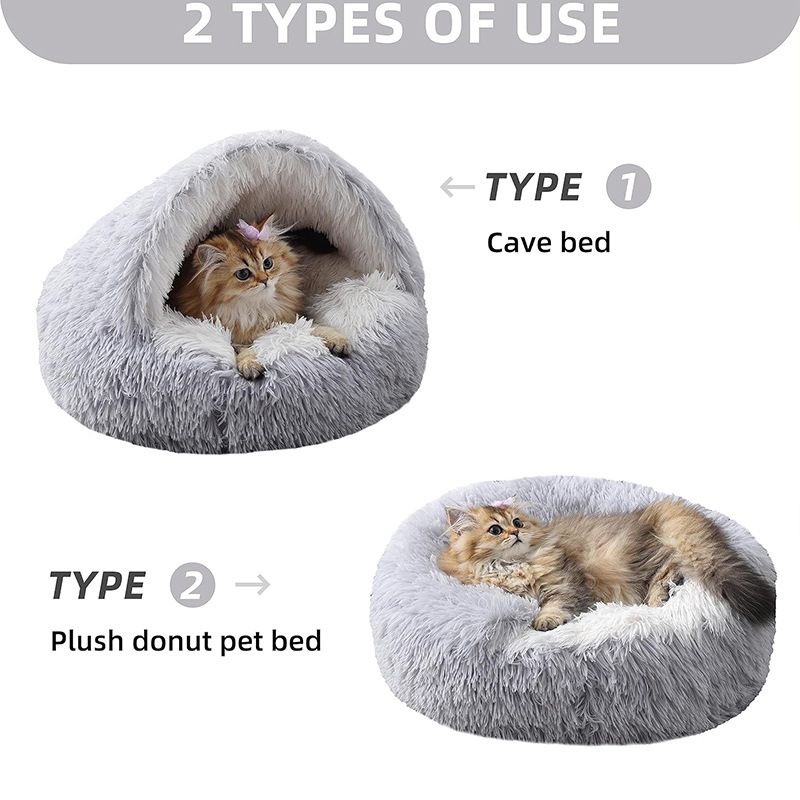Grey Winter Long Plush Round Donut Cat Bed M Size Dia 40CM - Soft Fluffy Semi-Enclosed Pet Cave Bed with Non-Slip Base, Machine Washable for Cats Dogs Home and Travel Use - view 3