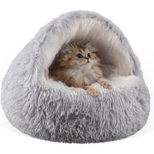 Grey Winter Long Plush Round Donut Cat Bed L Size Dia 50CM - Soft Fluffy Semi-Enclosed Pet Cave Bed with Non-Slip Base, Machine Washable for Cats Dogs Home and Travel Use