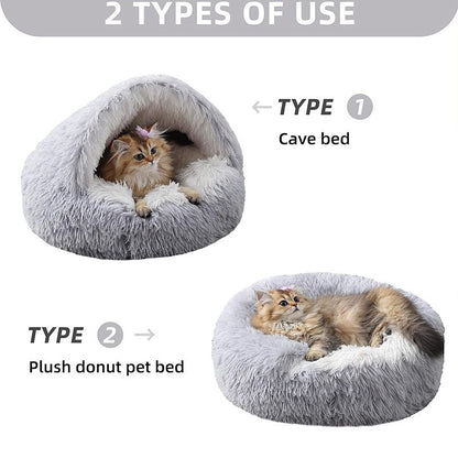 Brown Winter Long Plush Round Donut Cat Bed M Size Dia 40CM - Soft Fluffy Semi-Enclosed Pet Cave Bed with Non-Slip Base, Machine Washable for Cats Dogs Home and Travel Use - view 3