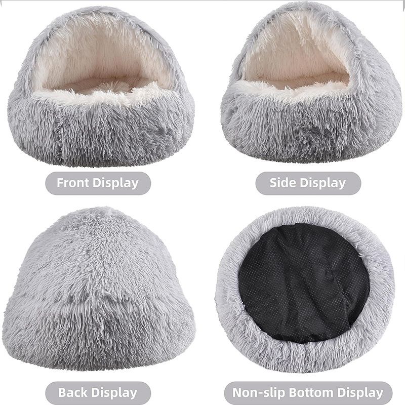 Brown Winter Long Plush Round Donut Cat Bed L Size Dia 50CM - Soft Fluffy Semi-Enclosed Pet Cave Bed with Non-Slip Base, Machine Washable for Cats Dogs Home and Travel Use - view 4