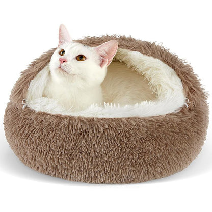 Brown Winter Long Plush Round Donut Cat Bed XL Size Dia 60CM - Soft Fluffy Semi-Enclosed Pet Cave Bed with Non-Slip Base, Machine Washable for Cats Dogs Home and Travel Use