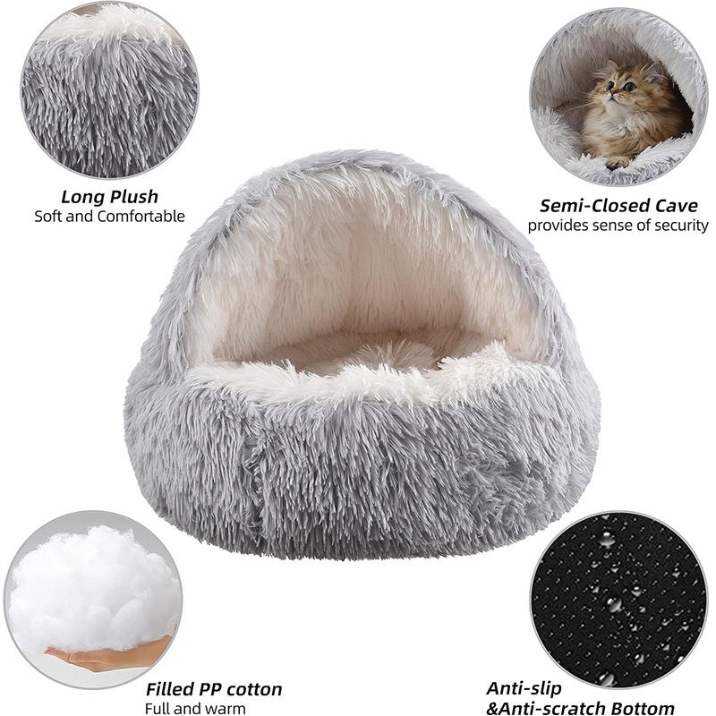 Pink Winter Long Plush Round Donut Cat Bed M Size Dia 40CM - Soft Fluffy Semi-Enclosed Pet Cave Bed with Non-Slip Base, Machine Washable for Cats Dogs Home and Travel Use - view 2