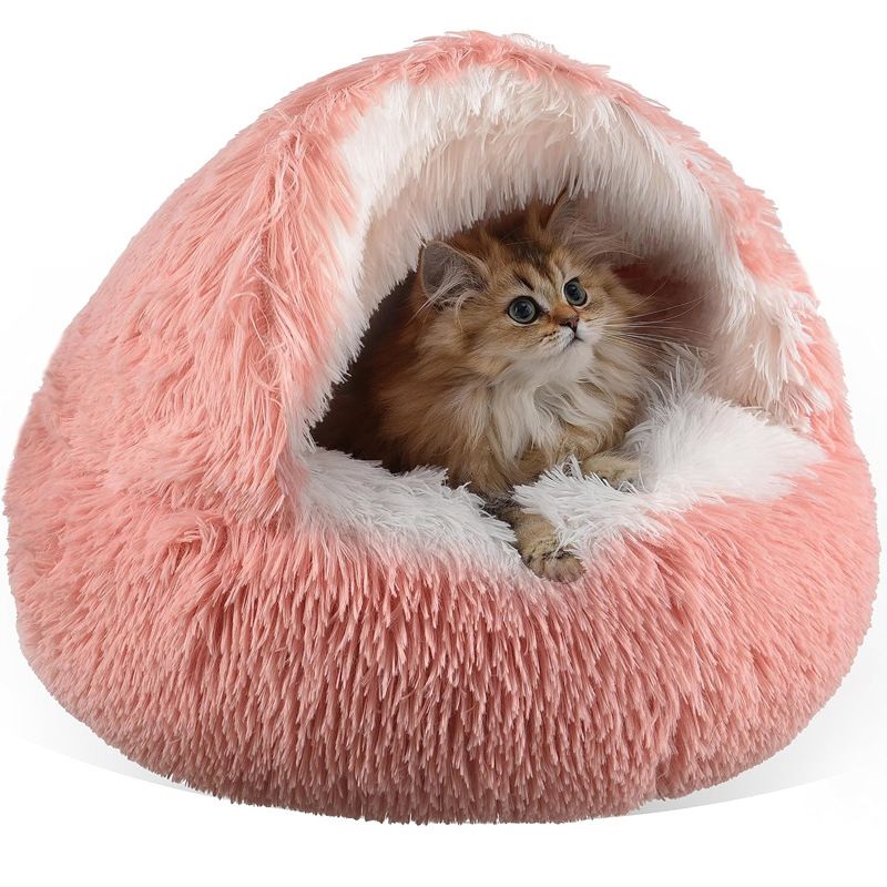 Pink Winter Long Plush Round Donut Cat Bed L Size Dia 50CM - Soft Fluffy Semi-Enclosed Pet Cave Bed with Non-Slip Base, Machine Washable for Cats Dogs Home and Travel Use