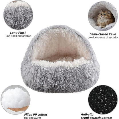 Pink Winter Long Plush Round Donut Cat Bed L Size Dia 50CM - Soft Fluffy Semi-Enclosed Pet Cave Bed with Non-Slip Base, Machine Washable for Cats Dogs Home and Travel Use - view 2