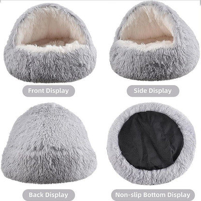 Pink Winter Long Plush Round Donut Cat Bed L Size Dia 50CM - Soft Fluffy Semi-Enclosed Pet Cave Bed with Non-Slip Base, Machine Washable for Cats Dogs Home and Travel Use - view 4