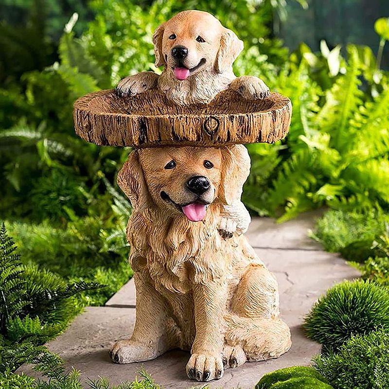 Resin Bird Bath Feeder Garden Ornament with Dog Design – Tree Stump Decorative Outdoor Bird Feeder for Patio, Lawn & Yard - view 2