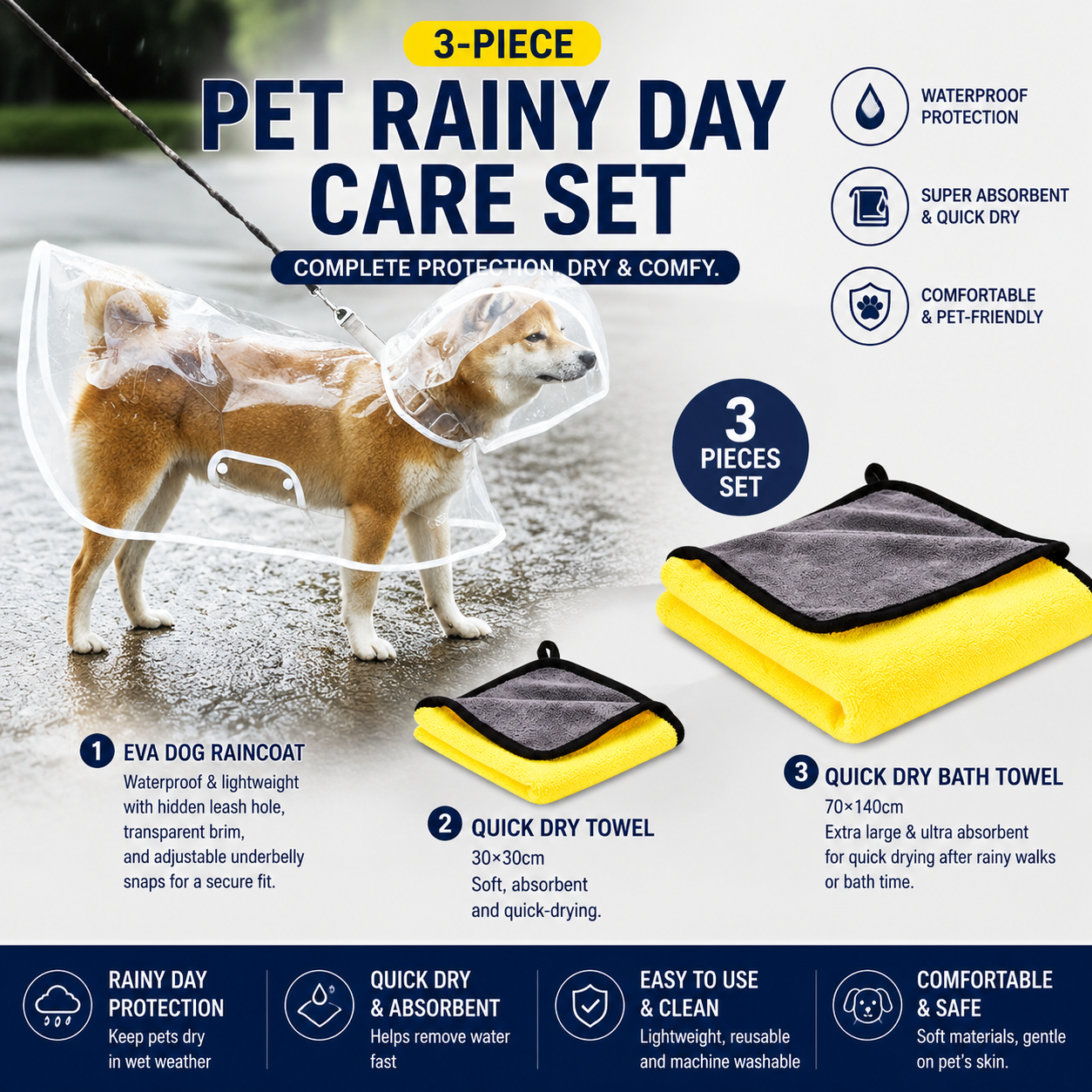 3 Piece Rainy Day Pet Care Set - 2XL Size Waterproof Dog Hooded EVA Transparent Raincoat with Full-Coverage Poncho Design Adjustable Snaps and Leash Access, Free High Absorbency Quick Dry 30 × 30cm Towel and 140 × 70cm Large Bath Towel for Small