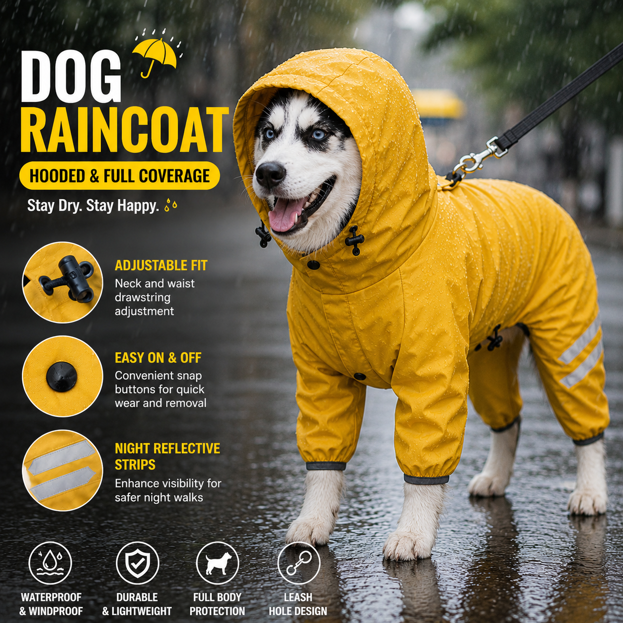 Yellow Waterproof Full Body Dog Raincoat with Adjustable Hood & Waist, Easy Snap Closure and Hidden Leash Opening - Lightweight Four-Leg Reflective Pet Rain Suit for Small Medium Large Dogs, S Size