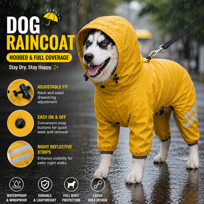 Yellow Waterproof Full Body Dog Raincoat with Adjustable Hood & Waist, Easy Snap Closure and Hidden Leash Opening - Lightweight Four-Leg Reflective Pet Rain Suit for Small Medium Large Dogs, L Size