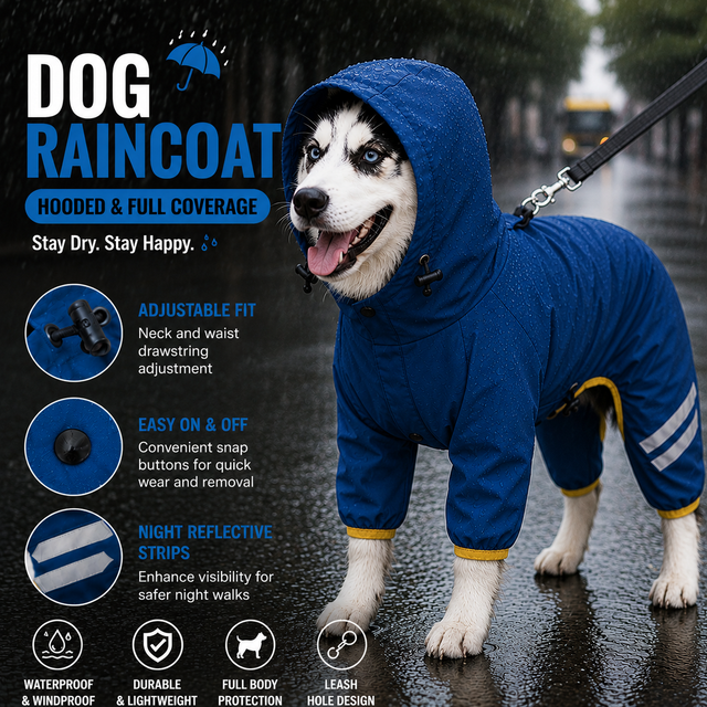 Blue Waterproof Full Body Dog Raincoat with Adjustable Hood & Waist, Easy Snap Closure and Hidden Leash Opening - Lightweight Four-Leg Reflective Pet Rain Suit for Small Medium Large Dogs, M Size
