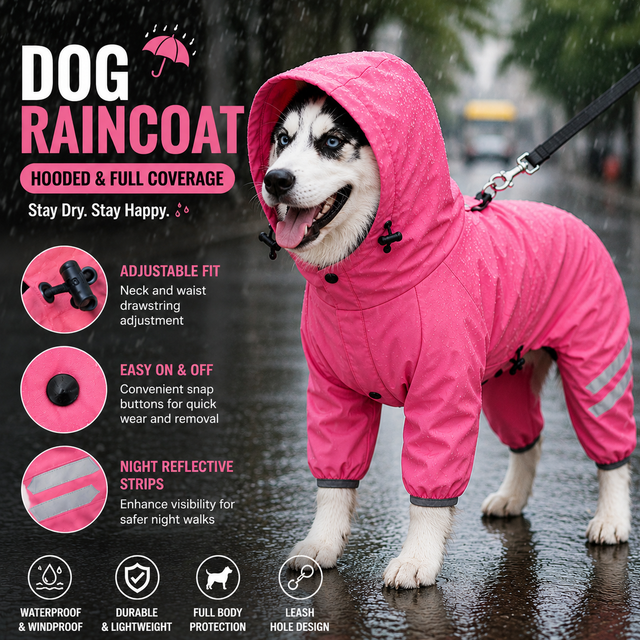 Pink Waterproof Full Body Dog Raincoat with Adjustable Hood & Waist, Easy Snap Closure and Hidden Leash Opening - Lightweight Four-Leg Reflective Pet Rain Suit for Small Medium Large Dogs, XXL Size