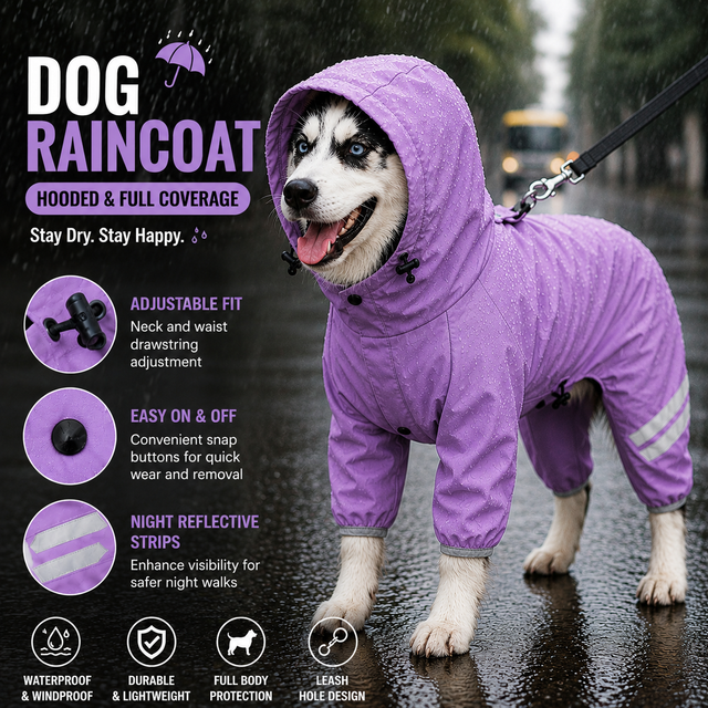 Purple Waterproof Full Body Dog Raincoat with Adjustable Hood & Waist, Easy Snap Closure and Hidden Leash Opening - Lightweight Four-Leg Reflective Pet Rain Suit for Small Medium Large Dogs, M Size