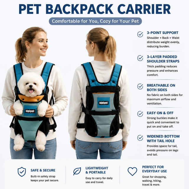 Blue Hands Free Adjustable Dog Carrier Backpack with 3-Point Support, Reserved Tail Opening and Wide Padded Straps - Chest & Back Dual Use, Breathable on Both Sides and Quick-release Safety Buckles for Walking Bike Travel Outdoor Use, M Size