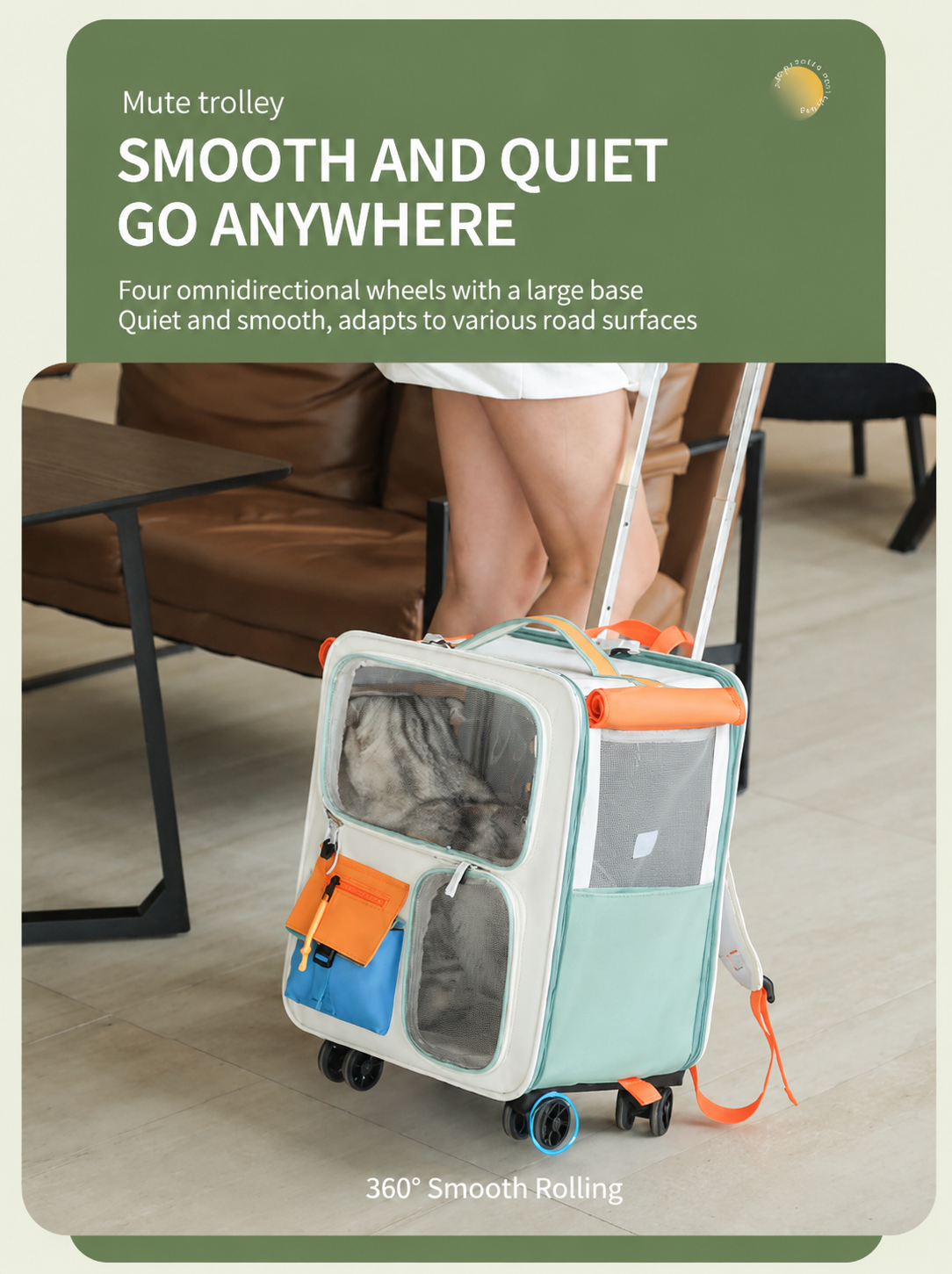 Brown and Grey Large Space Pet Carrier Trolley – Foldable Cat Carrier Backpack with Breathable Side Mesh & View Window, Silent Rolling Wheels, Storage Pocket and Removable Bottom Pad for Dog and Cat, 42 x 36 x 27CM - view 7