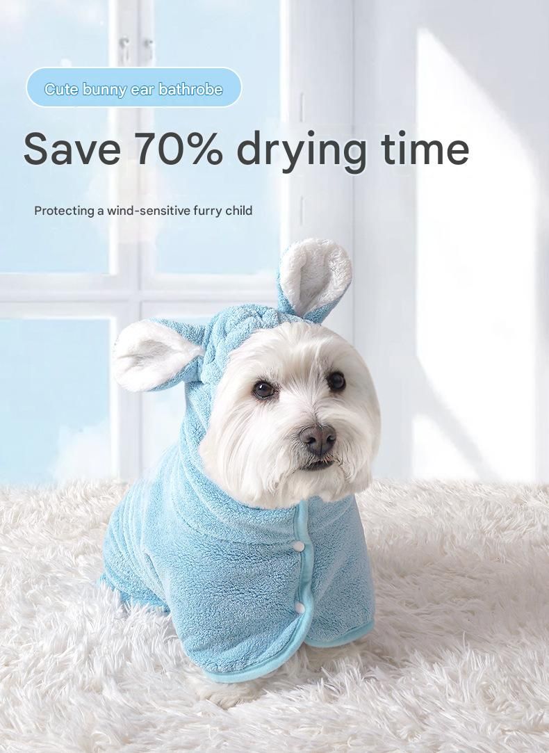 Blue XL size Pet Drying Robe with Hood - Quick Dry Coral Fleece Towel for Dogs and Cats, Super Absorbent Bathrobe with Cute Rabbit Ears, Adjustable Fit for All Sizes, Easy to Wear and Machine Washable - view 2