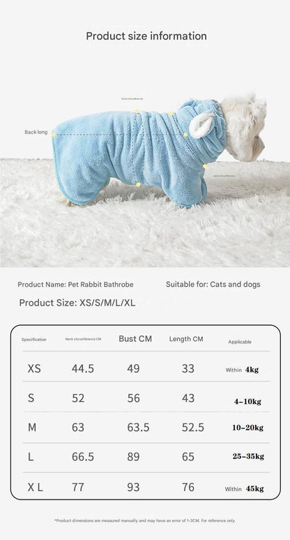 Yellow S size Pet Drying Robe with Hood - Quick Dry Coral Fleece Towel for Dogs and Cats, Super Absorbent Bathrobe with Cute Rabbit Ears, Adjustable Fit for All Sizes, Easy to Wear and Machine Washable - view 10