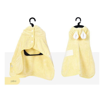 Yellow M size Pet Drying Robe with Hood - Quick Dry Coral Fleece Towel for Dogs and Cats, Super Absorbent Bathrobe with Cute Rabbit Ears, Adjustable Fit for All Sizes, Easy to Wear and Machine Washable