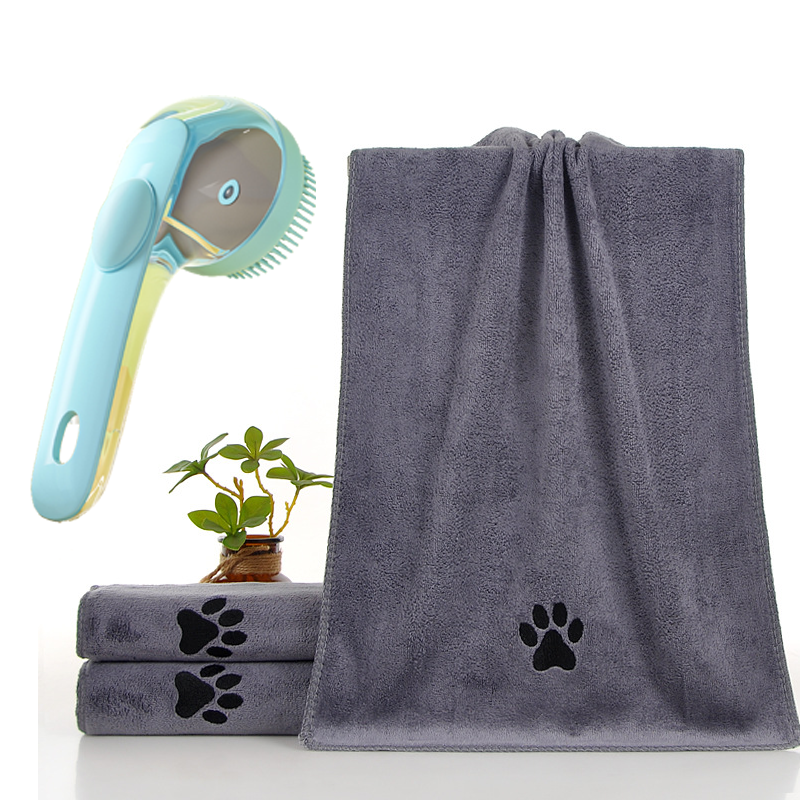 2-Piece Pet Cleaning Set - Blue Silicone Bath Brush with Liquid Dispenser and Grey 40x80cm Microfiber Drying Towel, Cleaning Leak-Proof Massage Scrubber for Dogs and Cats