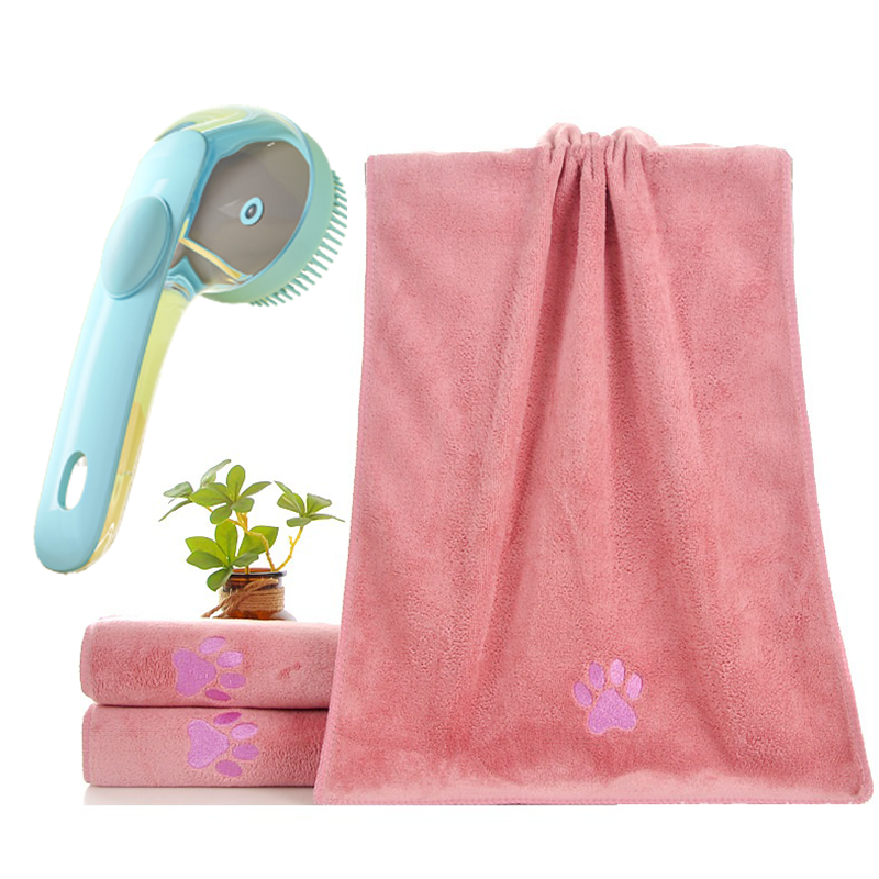 2-Piece Pet Cleaning Set - Blue Silicone Bath Brush with Liquid Dispenser and Pink 40x80cm Microfiber Drying Towel, Cleaning Leak-Proof Massage Scrubber for Dogs and Cats