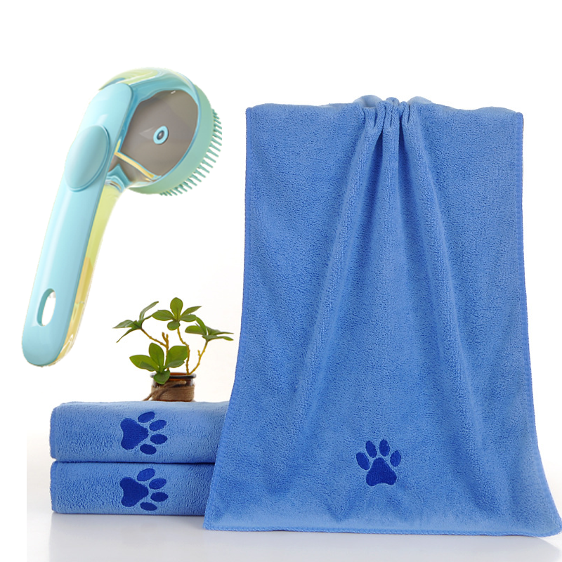 2-Piece Pet Cleaning Set - Blue Silicone Bath Brush with Liquid Dispenser and Blue 40x80cm Microfiber Drying Towel, Cleaning Leak-Proof Massage Scrubber for Dogs and Cats