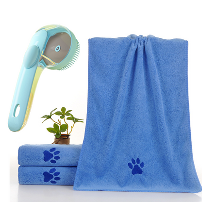 2-Piece Pet Cleaning Set - Blue Silicone Bath Brush with Liquid Dispenser and Blue 40x80cm Microfiber Drying Towel, Cleaning Leak-Proof Massage Scrubber for Dogs and Cats