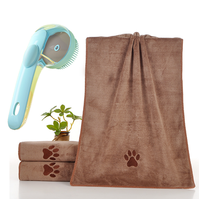 2-Piece Pet Cleaning Set - Blue Silicone Bath Brush with Liquid Dispenser and Brown 40x80cm Microfiber Drying Towel, Cleaning Leak-Proof Massage Scrubber for Dogs and Cats