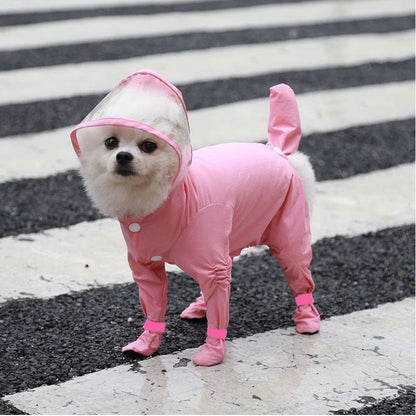 Pink S size Full Coverage Pet Raincoat Jumpsuit Waterproof Dog Rain Suit with Attached Shoes and Tail Cover-Lightweight Hooded Dog Poncho for Small Dogs
