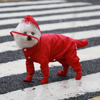 Red S size Full Coverage Pet Raincoat Jumpsuit Waterproof Dog Rain Suit with Attached Shoes and Tail Cover-Lightweight Hooded Dog Poncho for Small Dogs