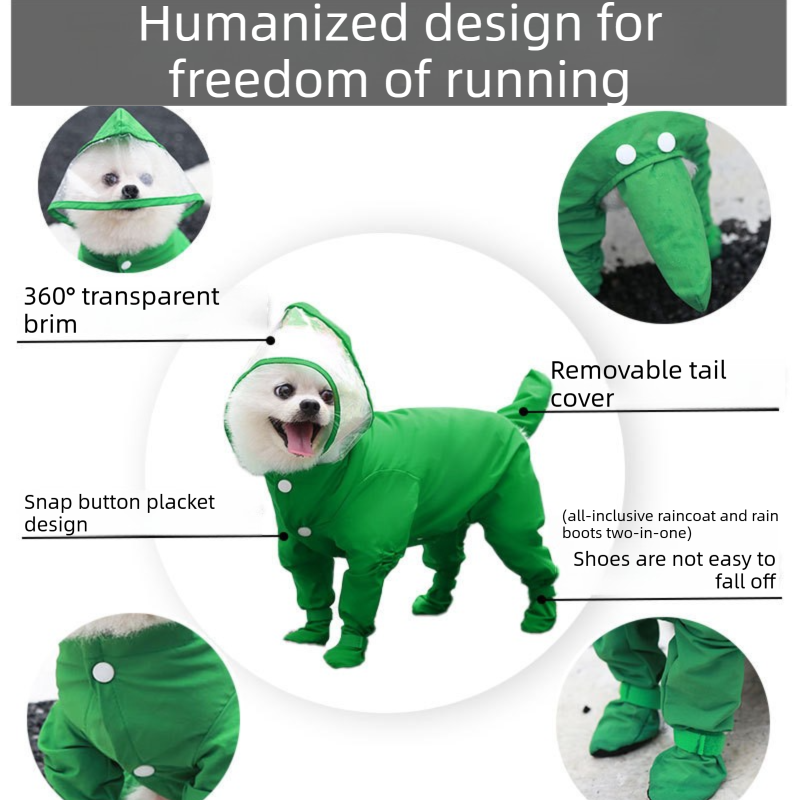 Red M size Full Coverage Pet Raincoat Jumpsuit Waterproof Dog Rain Suit with Attached Shoes and Tail Cover-Lightweight Hooded Dog Poncho for Small Dogs - view 4