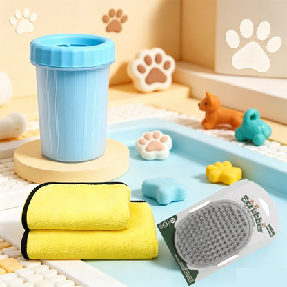 4-Piece Pet Cleaning Kit -Pet Grooming and Paw Cleaning Set with big Blue Dog Paw Cleaner Cup Grey Pet Bathing and Massage Comb andOne 30x30 cm yellow-grey foot towel and one 30x60 cm small bath Drying Towels for Dogs and Cats - view 2