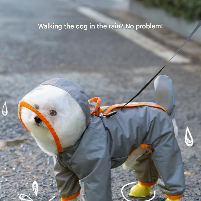 Grey and Green XS size Dog Raincoat with Leash Access and Transparent Hood - Waterproof Full Body Pet Rain Suit for Small and Medium Dogs, Reflective Trim, Removable Tail Cover, Outdoor Walking Apparel - view 2