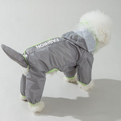 Grey and Green XL size Dog Raincoat with Leash Access and Transparent Hood - Waterproof Full Body Pet Rain Suit for Small and Medium Dogs, Reflective Trim, Removable Tail Cover, Outdoor Walking Apparel