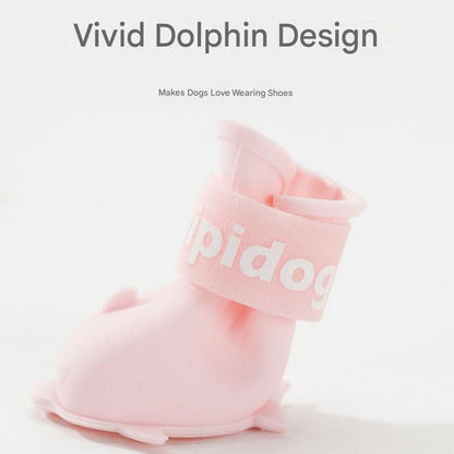 Pink L size Waterproof Dog Rain Boots Set of 4 - Cartoon Dolphin Design Shape PVC Pet Shoes with Adjustable Hook and Loop Straps, Anti Slip Paw Protectors for Small Dogs and Puppy Outdoor Walks - view 2