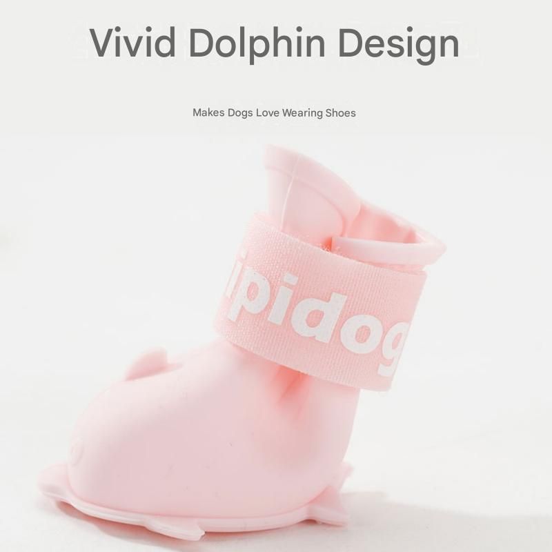 Yellow M size Waterproof Dog Rain Boots Set of 4 - Cartoon Dolphin Design Shape PVC Pet Shoes with Adjustable Hook and Loop Straps, Anti Slip Paw Protectors for Small Dogs and Puppy Outdoor Walks - view 2