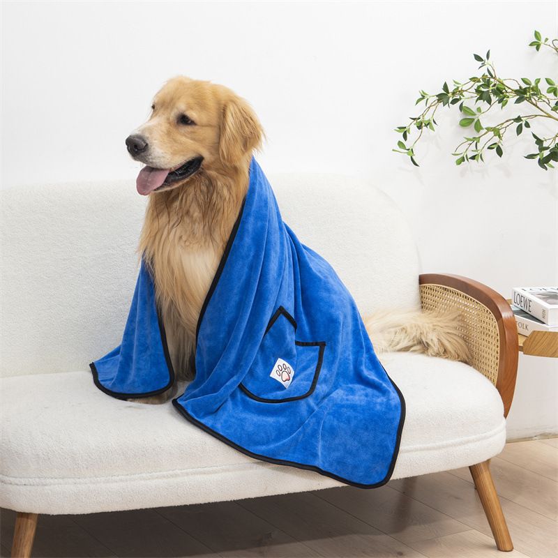 Blue 100x50cm icrofibre Pet Bath Towel with Hand Pockets - Super Absorbent Quick Dry Dog and Cat Drying Towel, Soft Grooming Blanket for Bathing, Cleaning and Everyday Pet Care