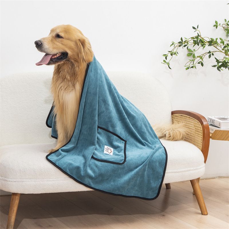 Blue-green 100x50cm icrofibre Pet Bath Towel with Hand Pockets - Super Absorbent Quick Dry Dog and Cat Drying Towel, Soft Grooming Blanket for Bathing, Cleaning and Everyday Pet Care