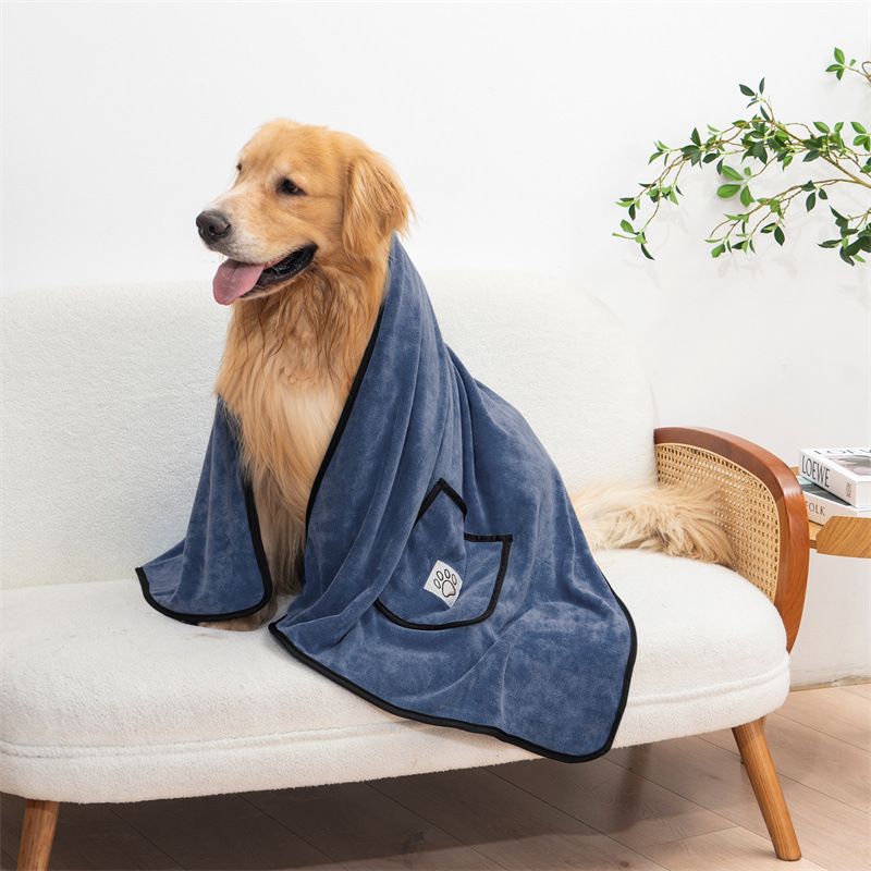 Grey 100x50cm icrofibre Pet Bath Towel with Hand Pockets - Super Absorbent Quick Dry Dog and Cat Drying Towel, Soft Grooming Blanket for Bathing, Cleaning and Everyday Pet Care
