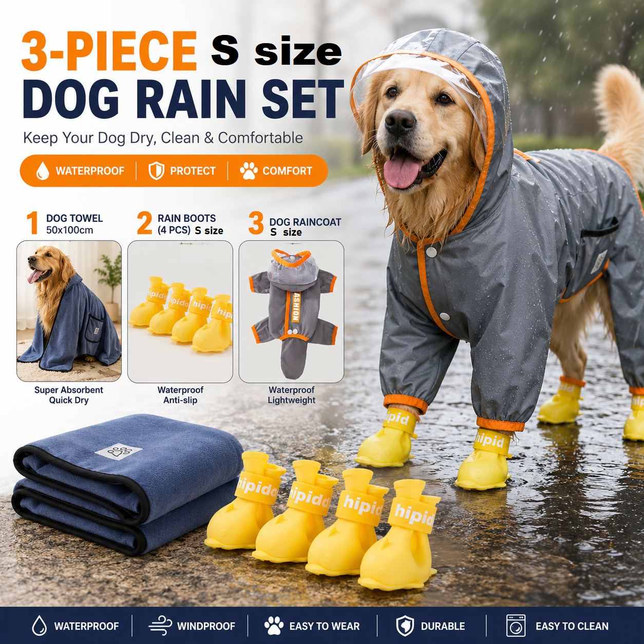 3 Piece Dog Rain Gear Set -S size Pet Rainy Day Kit with Grey Waterproof Dog Raincoat, yellow Waterproof Rain Boots Set of 4 and grey Super Absorbent Quick Dry Pet Towel for Small and Medium Dogs