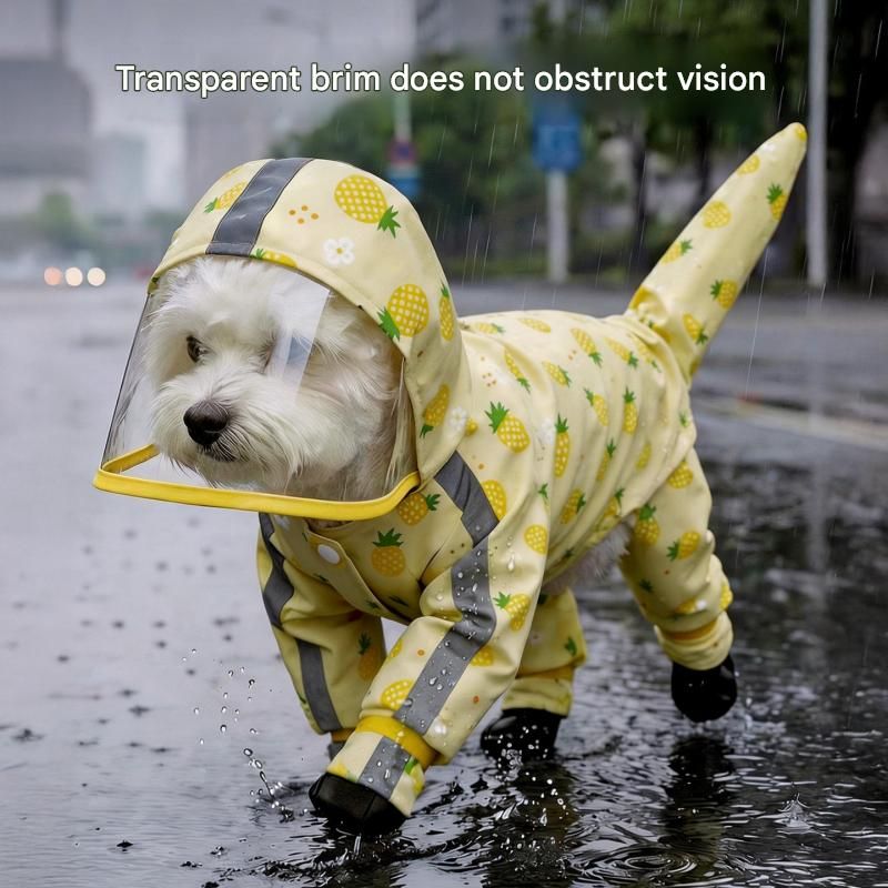 Yellow S size Pineapple Print Full-Cover Dog Raincoat with Transparent Hood, Waterproof Four-Leg Pet Rain Suit with Reflective Strips and Integrated Leash Ring for Small and Medium Dogs - view 7