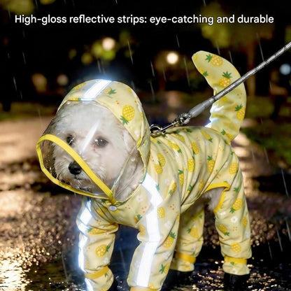 Yellow S size Pineapple Print Full-Cover Dog Raincoat with Transparent Hood, Waterproof Four-Leg Pet Rain Suit with Reflective Strips and Integrated Leash Ring for Small and Medium Dogs - view 8