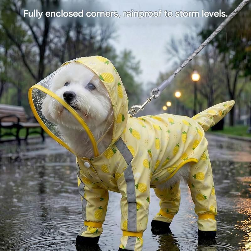 Yellow S size Pineapple Print Full-Cover Dog Raincoat with Transparent Hood, Waterproof Four-Leg Pet Rain Suit with Reflective Strips and Integrated Leash Ring for Small and Medium Dogs - view 9