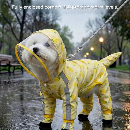 Yellow S size Pineapple Print Full-Cover Dog Raincoat with Transparent Hood, Waterproof Four-Leg Pet Rain Suit with Reflective Strips and Integrated Leash Ring for Small and Medium Dogs - view 9