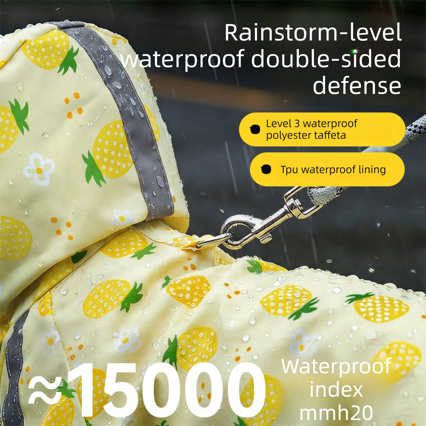 Yellow M size Pineapple Print Full-Cover Dog Raincoat with Transparent Hood, Waterproof Four-Leg Pet Rain Suit with Reflective Strips and Integrated Leash Ring for Small and Medium Dogs - view 3