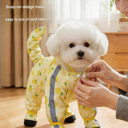 Yellow M size Pineapple Print Full-Cover Dog Raincoat with Transparent Hood, Waterproof Four-Leg Pet Rain Suit with Reflective Strips and Integrated Leash Ring for Small and Medium Dogs - view 5