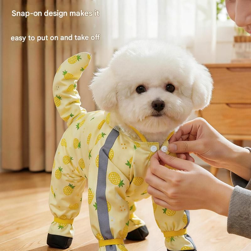 Yellow XL size Pineapple Print Full-Cover Dog Raincoat with Transparent Hood, Waterproof Four-Leg Pet Rain Suit with Reflective Strips and Integrated Leash Ring for Small and Medium Dogs - view 5