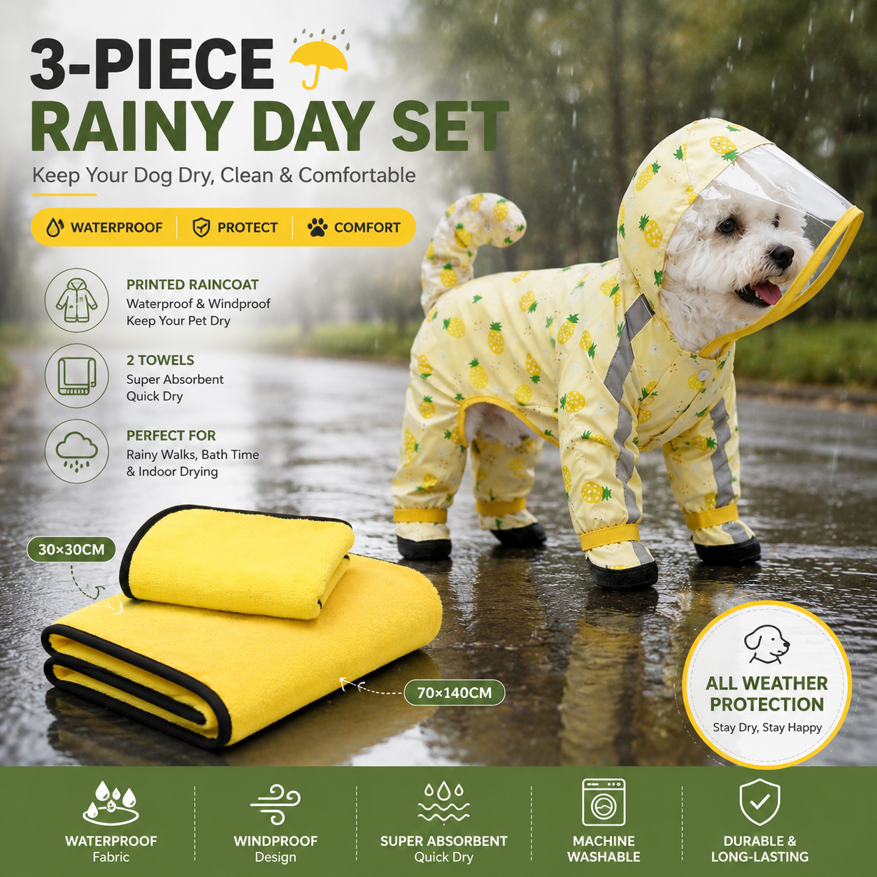 3-piece Dog Rainy Day Care Set with Yellow L size Waterproof Raincoat, 30x30cm Paw Towel and 70x140cm Pet Bath Towel, Quick-Dry Pet Rain Protection Kit for Small and Medium Dogs
